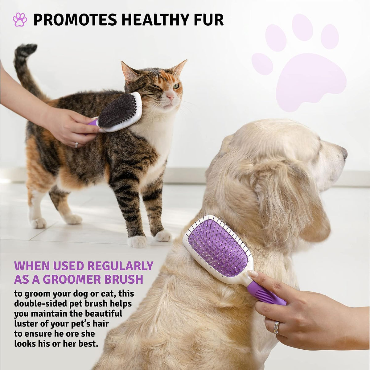 Poodlie double sided pet brush shown with a dog during grooming
