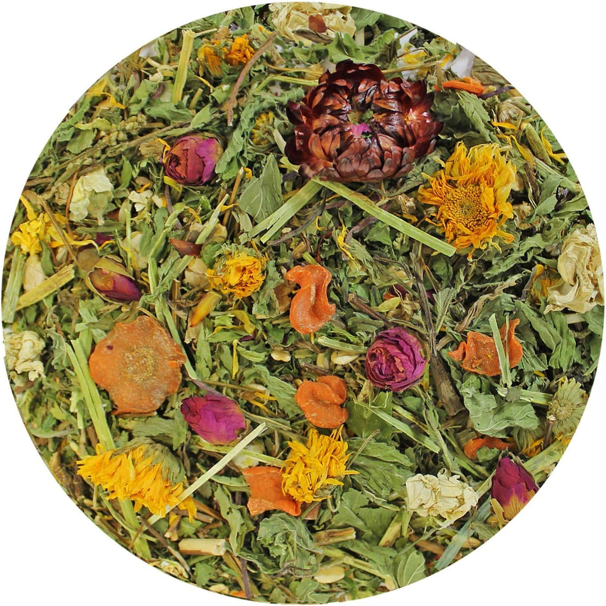Close up of dried flowers and herbs mix inside the package