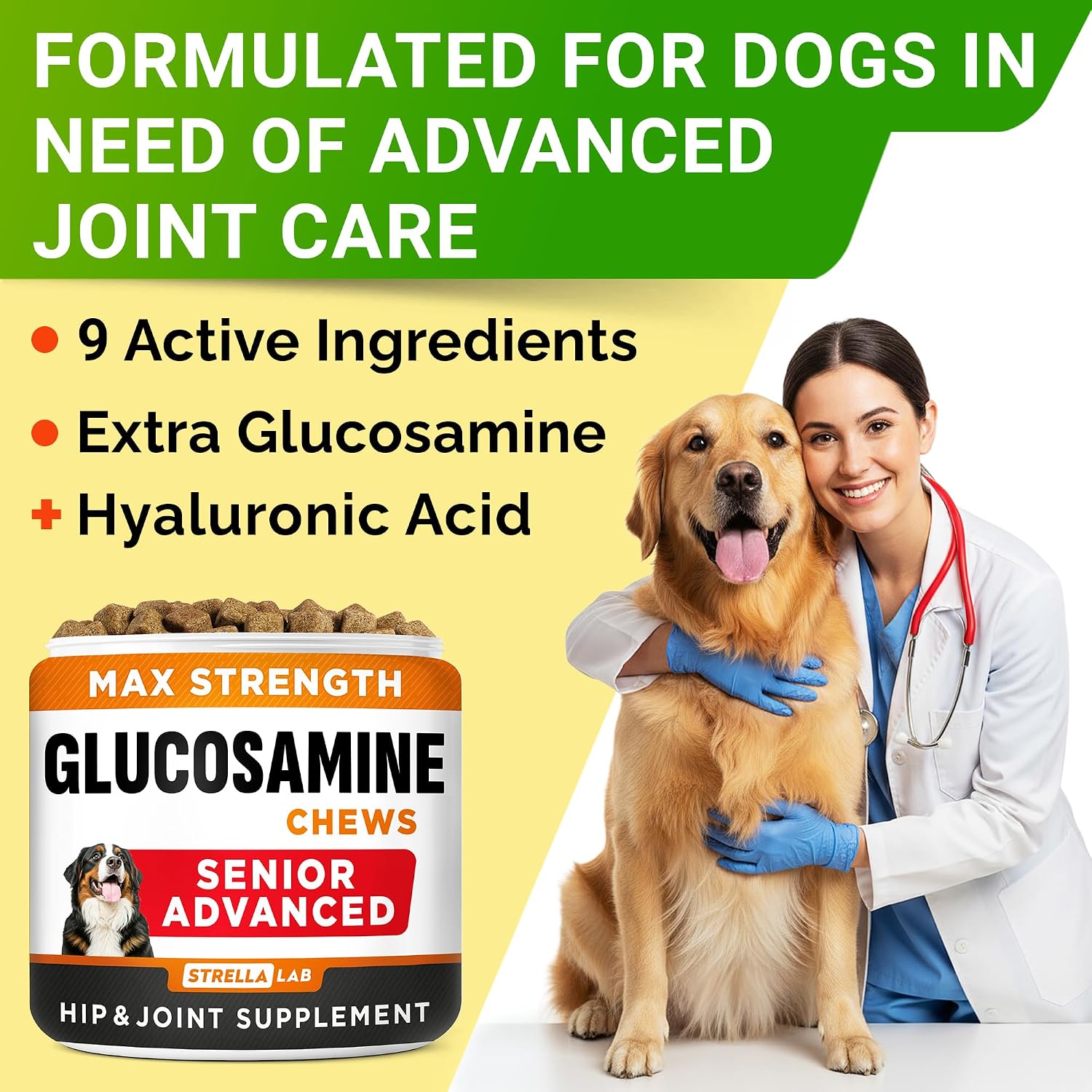 StrellaLab senior dog joint health pills alternative bacon flavored daily chews