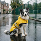 Choyaxo small and medium dog raincoat being worn during an outdoor walk.