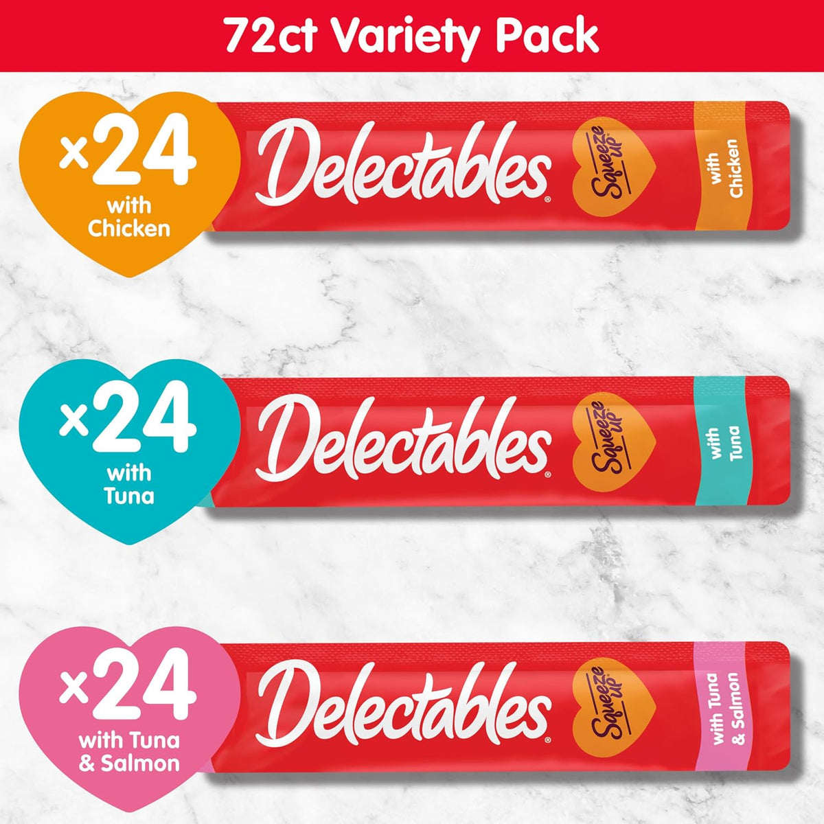 Delectables Squeeze Up packaging showing all 72 tubes