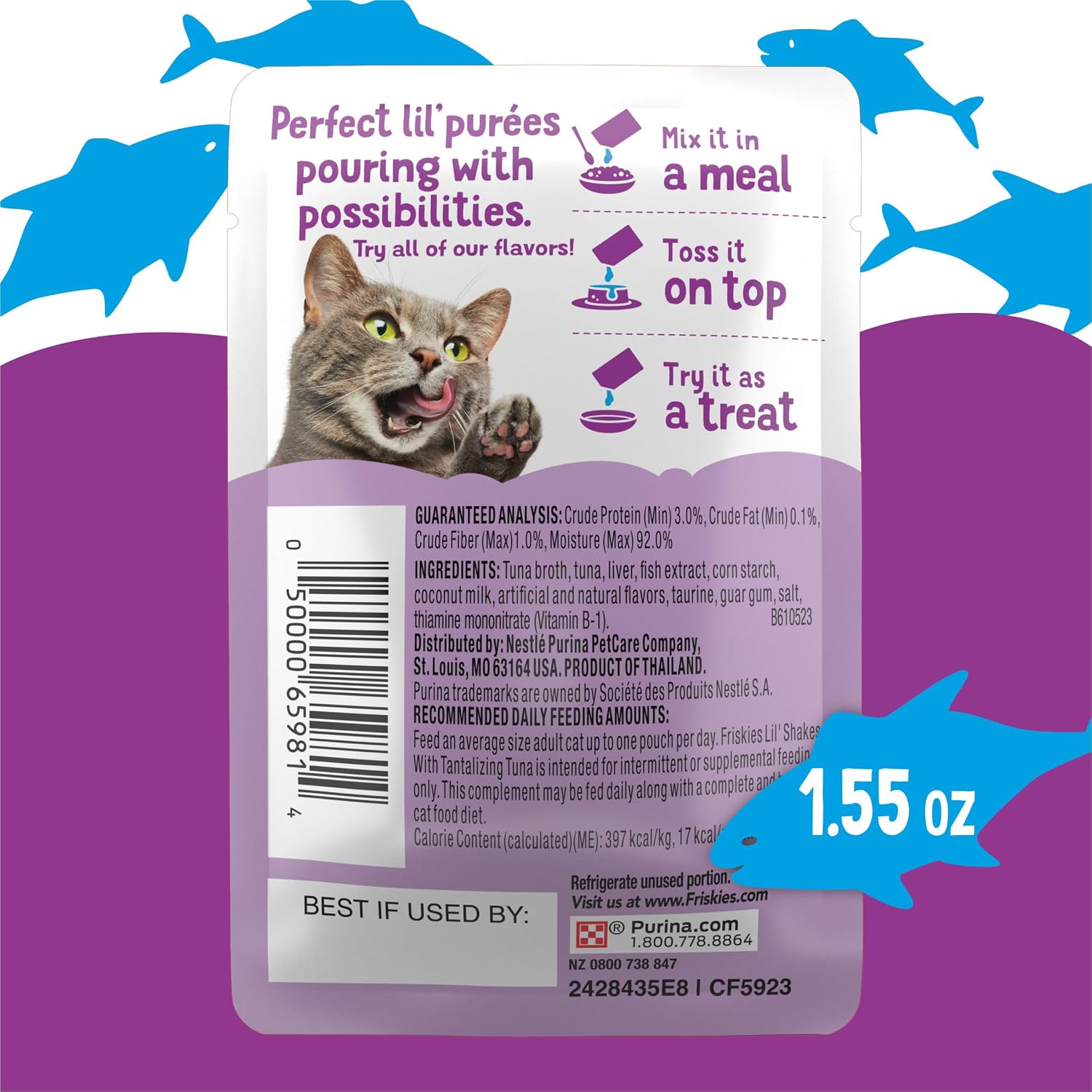 Friskies Lil Shakes Tantalizing Tuna flavor nutritious meal mixer box contents