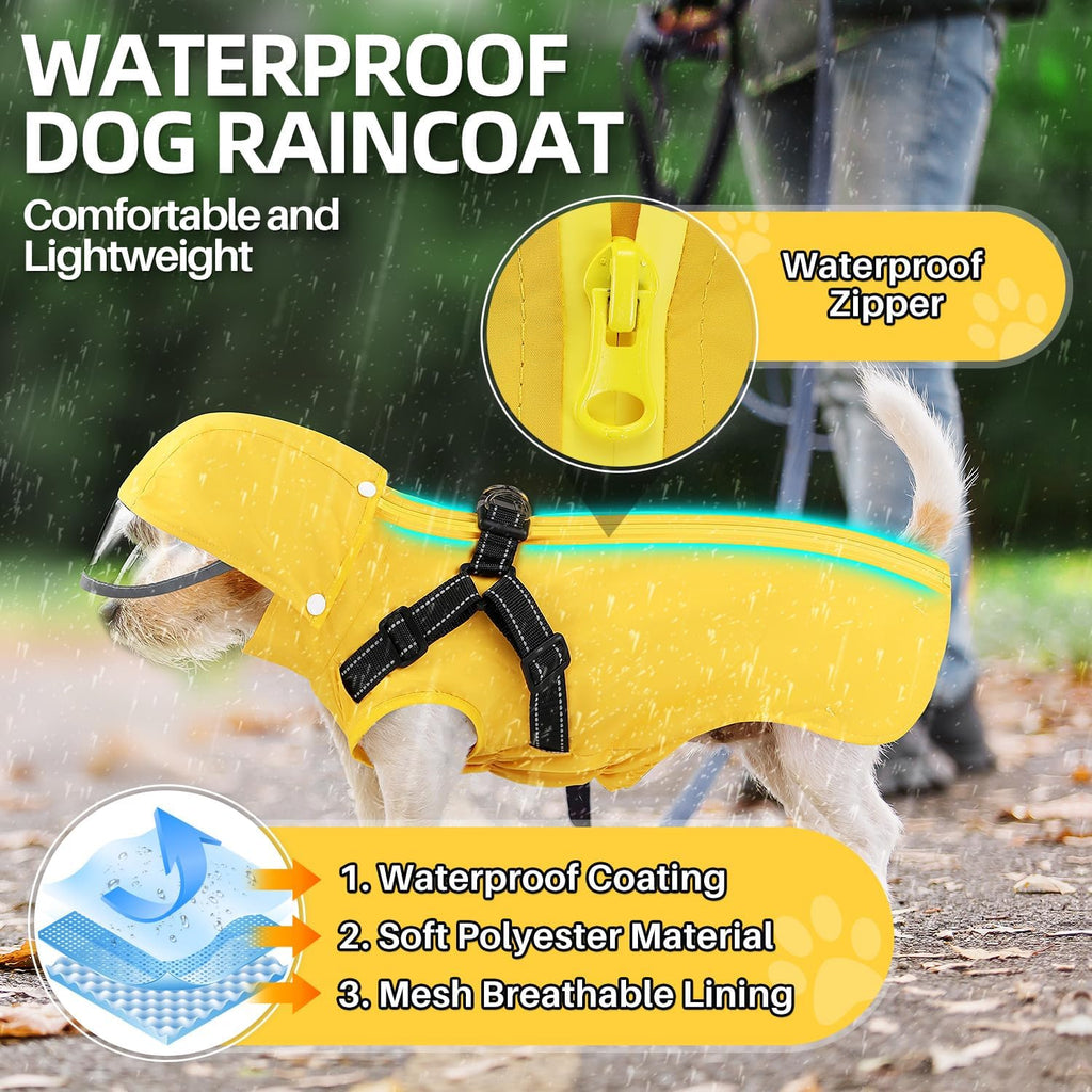 Lukovee yellow dog coat illustrating the reflective safety trim glowing in low light