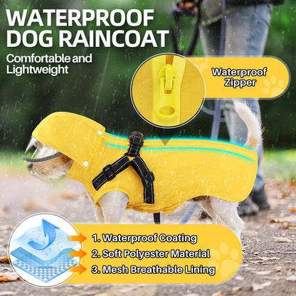 Lukovee yellow dog coat illustrating the reflective safety trim glowing in low light