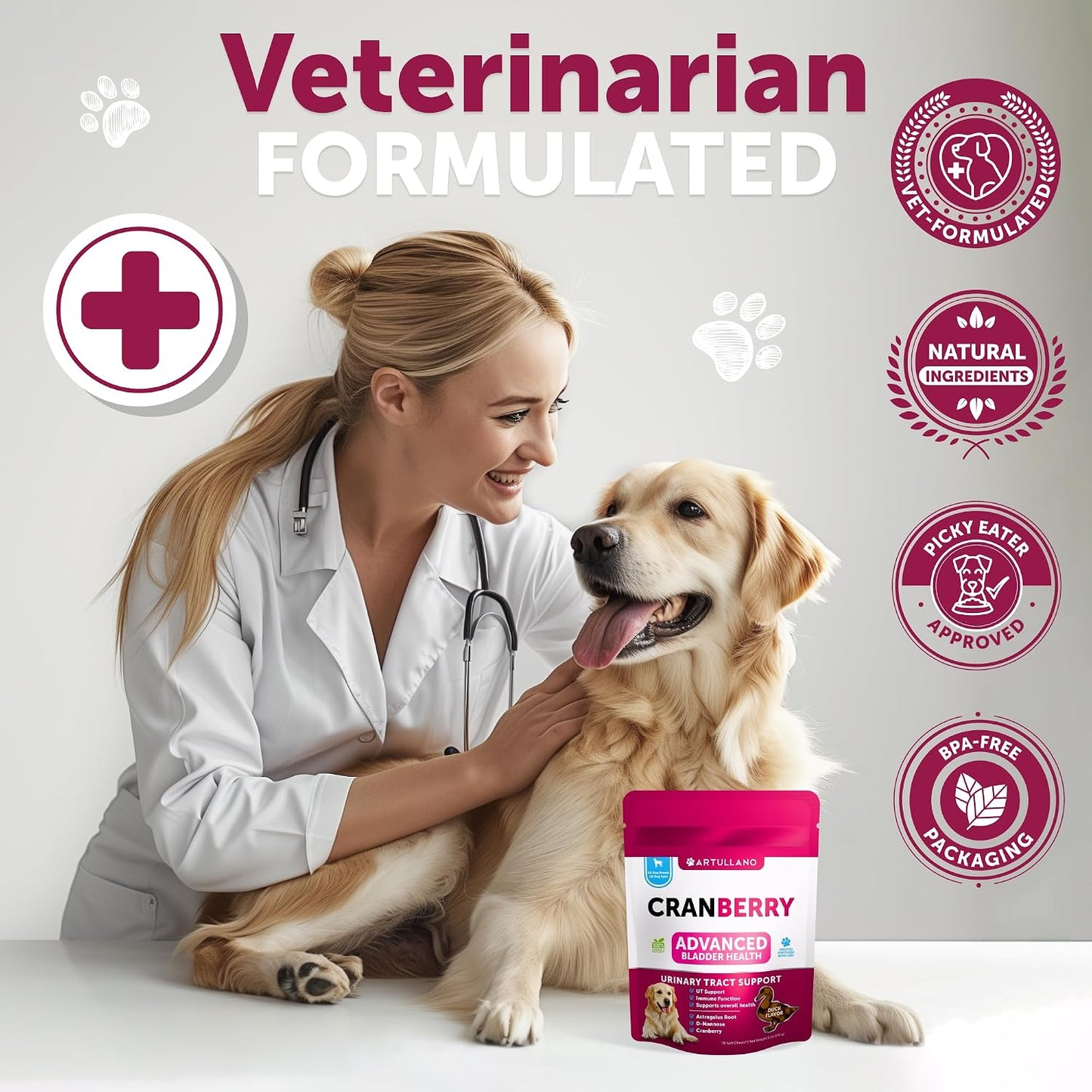 Premium cranberry extract chewable treats for dog bladder comfort and incontinence.