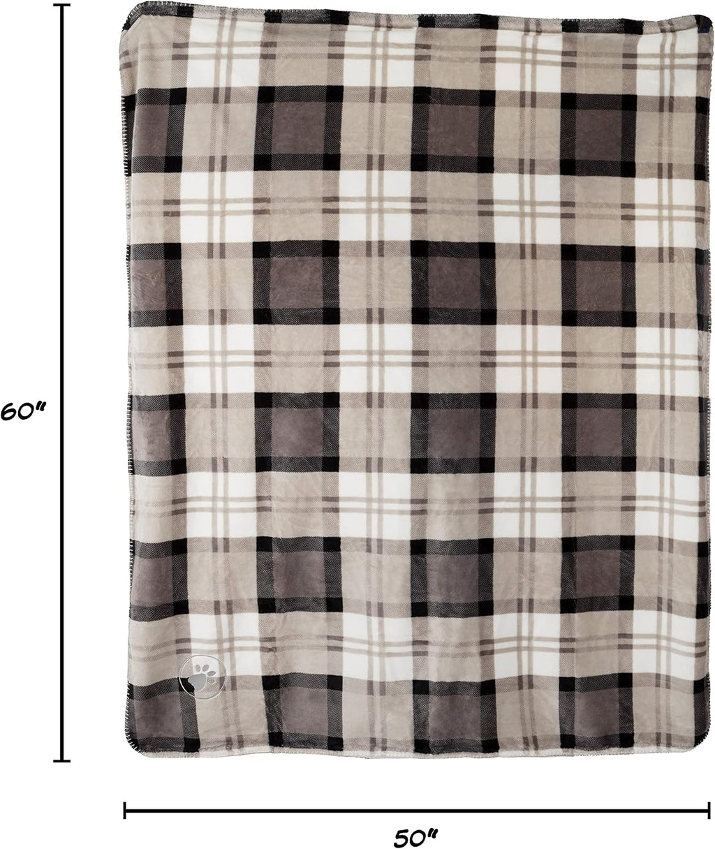 Petmaker plaid pet blanket showing the soft gray Sherpa fleece texture close up.