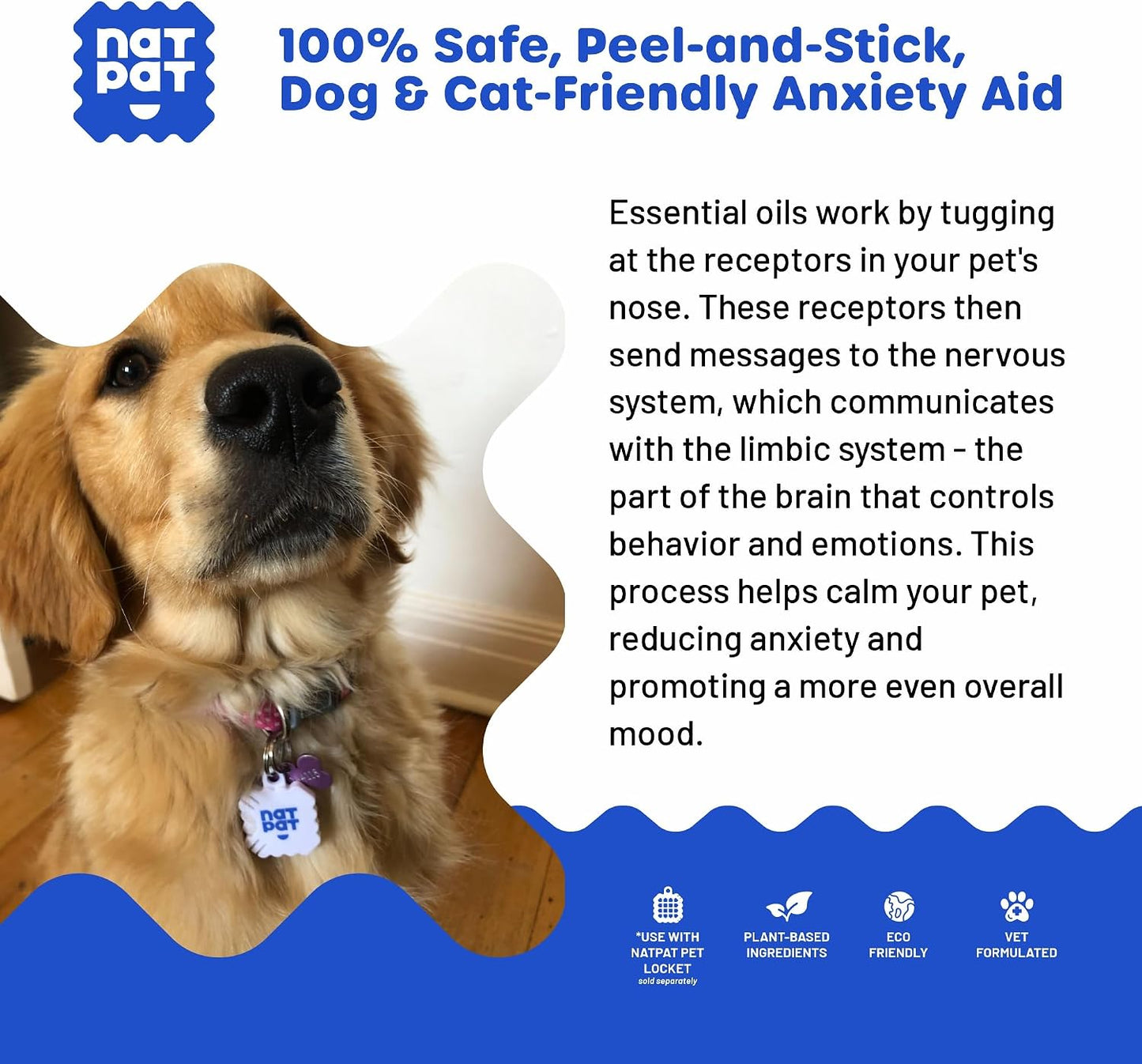 Back label view of the dog calming patches displaying instructions for collar and locket attachment.