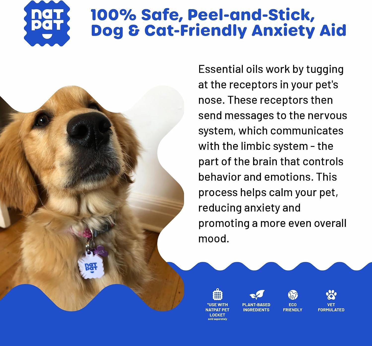 Back label view of the dog calming patches displaying instructions for collar and locket attachment.