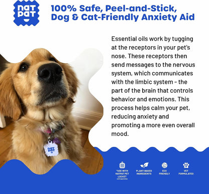 Back label view of the dog calming patches displaying instructions for collar and locket attachment.