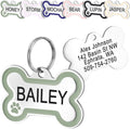 GoTags stainless steel bone dog tag front view showing green outline and engraved text