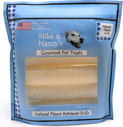 Mike & Nancy's Beef Corium Dog Chews four count pack contents close up