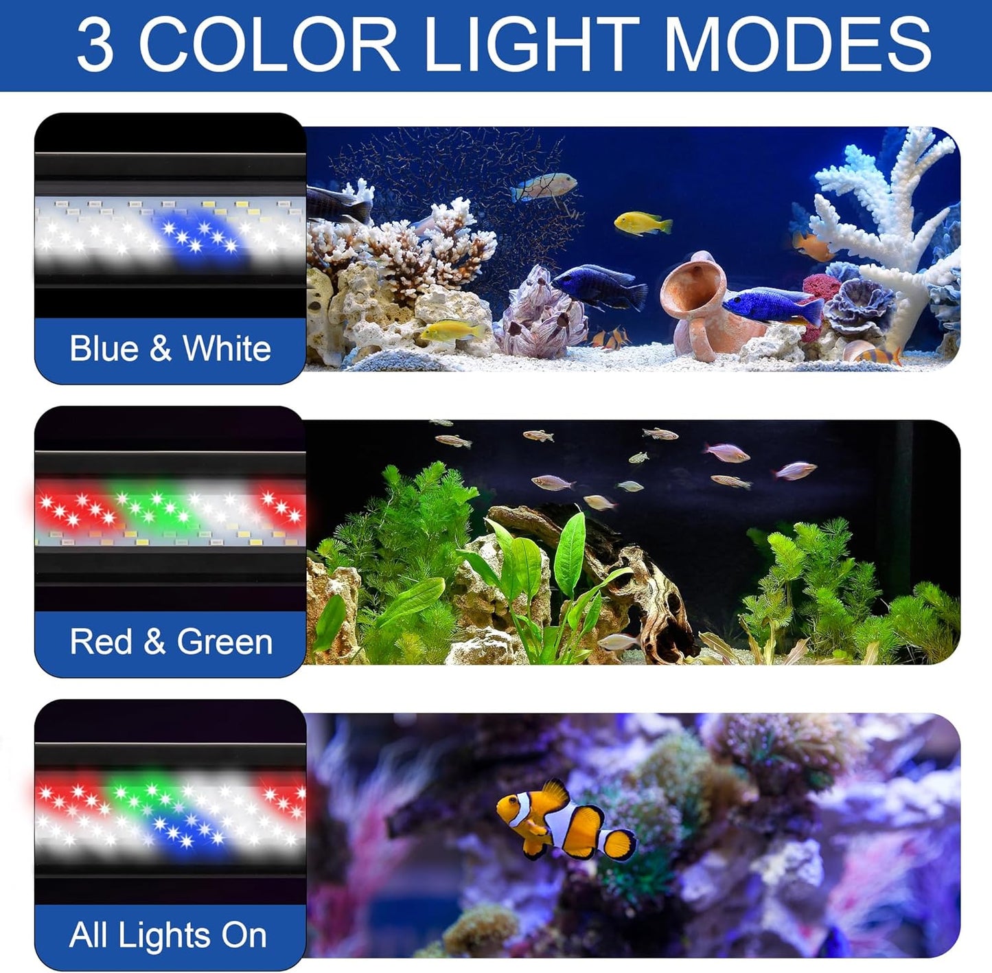 IRQWY 75 gallon fish tank light showing red green blue and white color modes.
