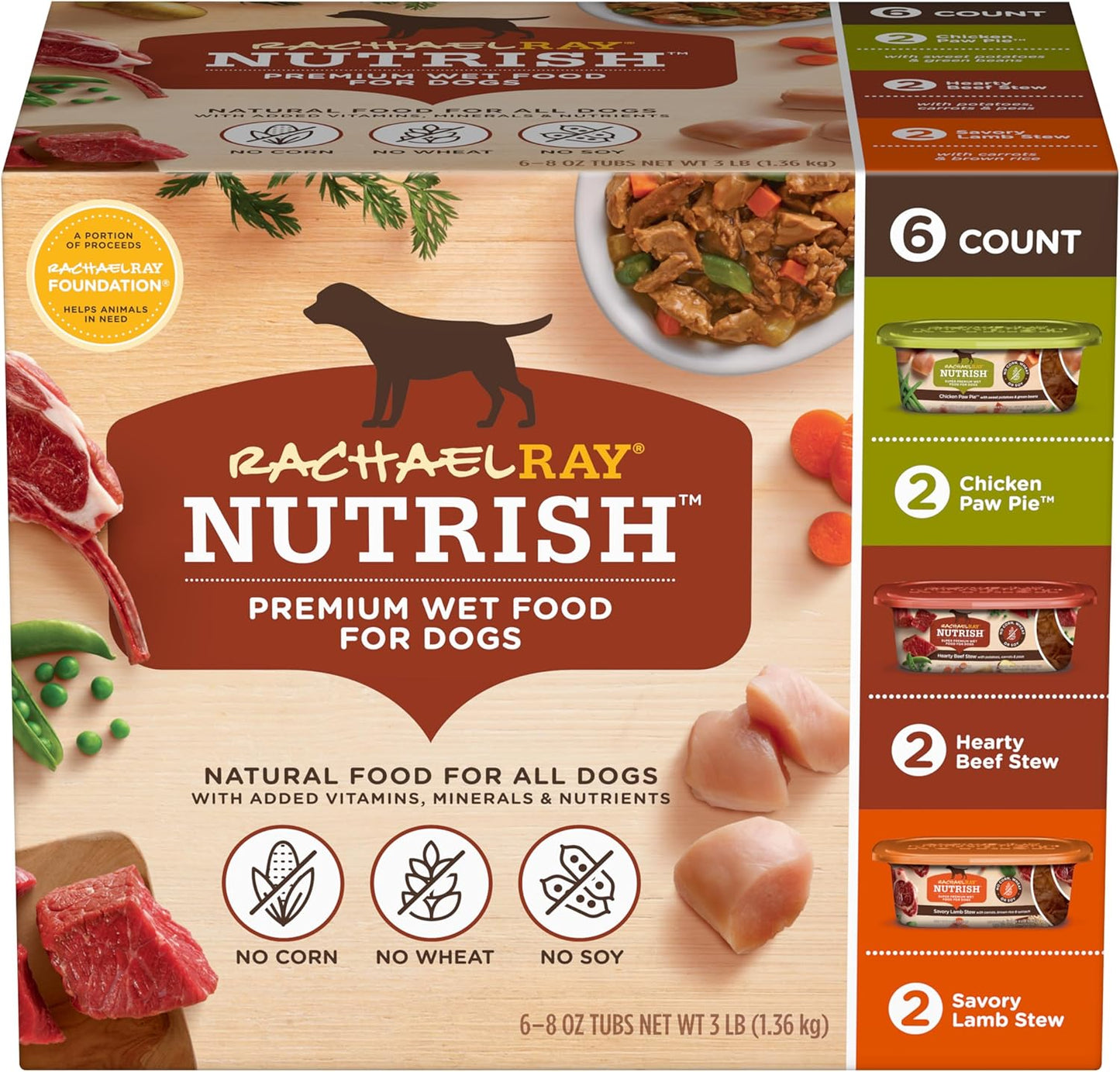 Rachael Ray Nutrish wet dog food variety pack front view of six count packaging