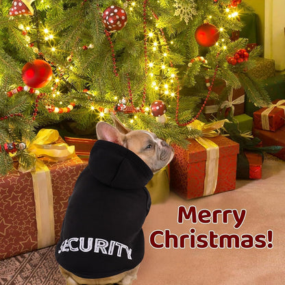 Side profile of a small breed dog wearing the cozy black hooded pet sweatshirt for winter.