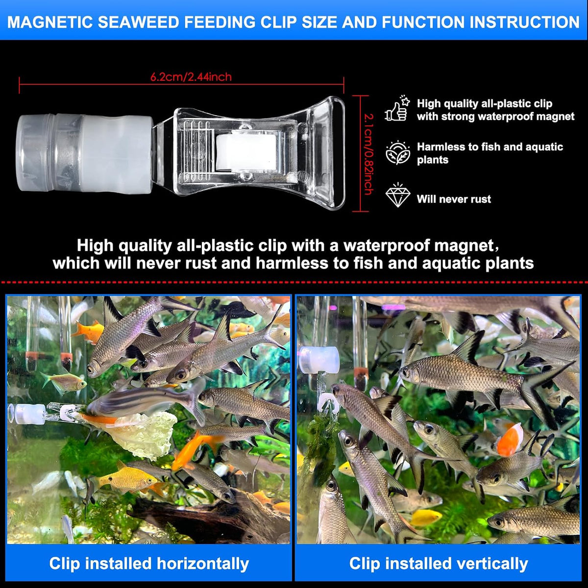 NestBasics marine grade plastic veggie feeder showing the waterproof magnet separation and pincer clamp mechanism
