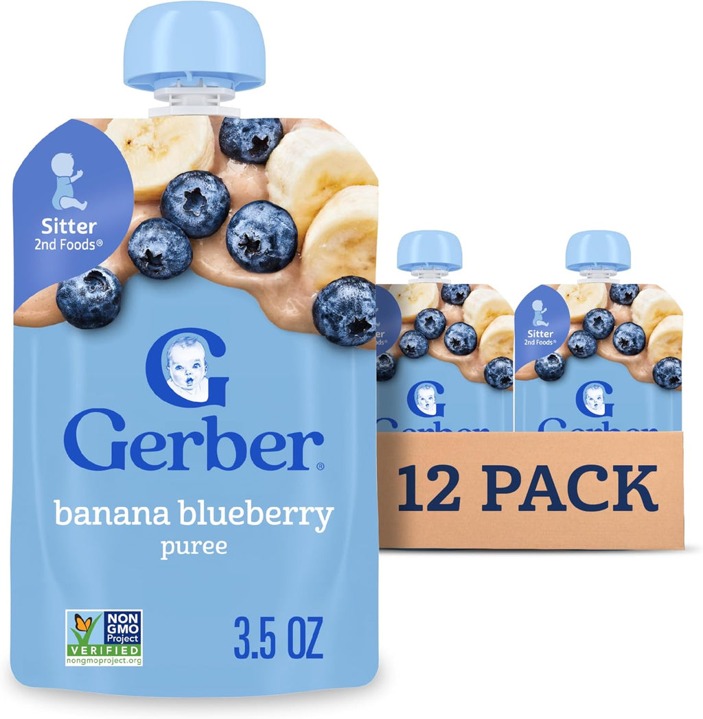 Gerber Stage 2 Banana Blueberry fruit puree pouch front view