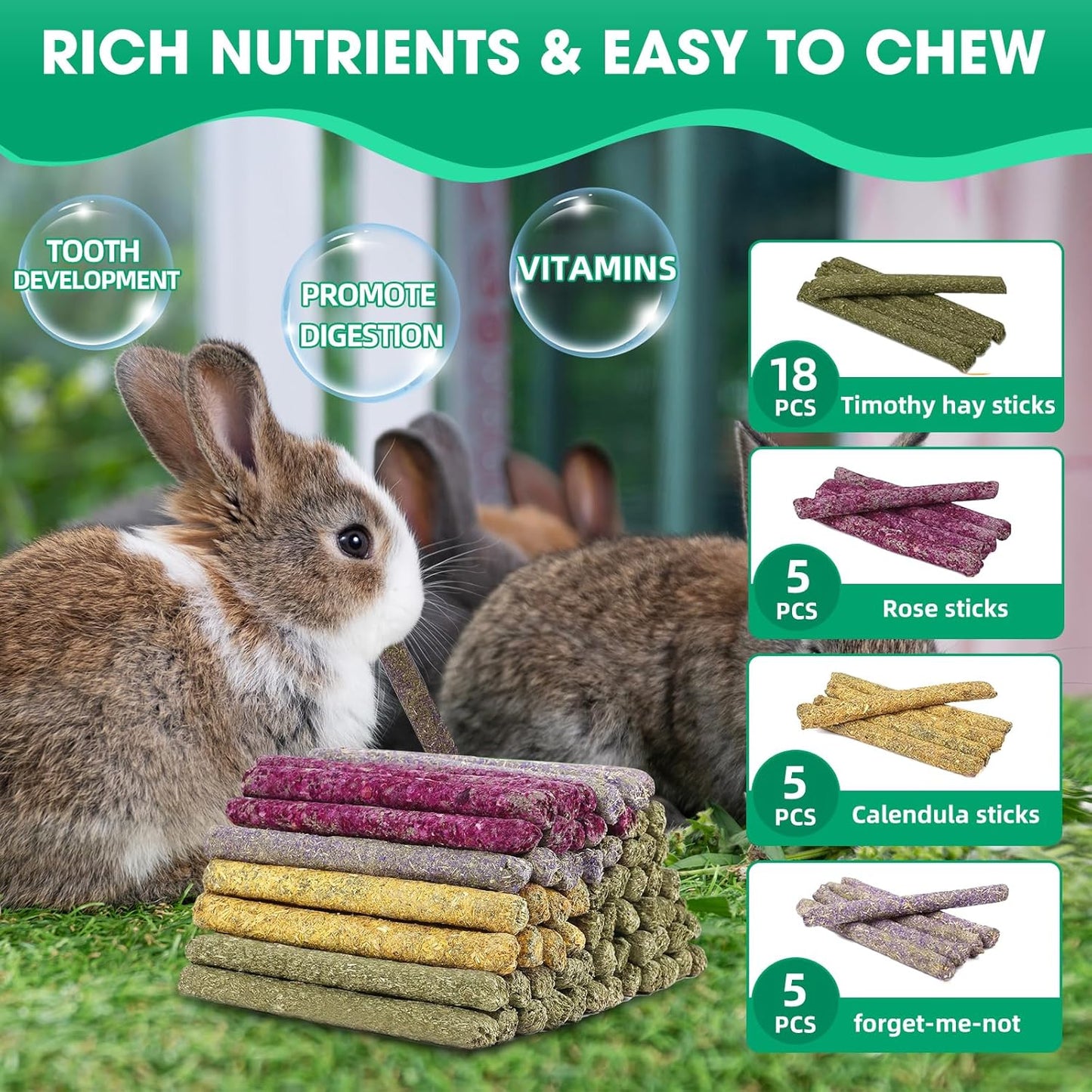 Close up of Jorewood natural hay sticks for rabbit dental grinding and health.
