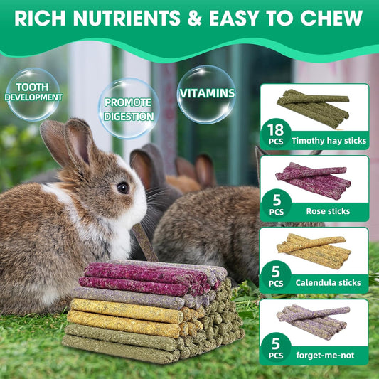 Close up of Jorewood natural hay sticks for rabbit dental grinding and health.