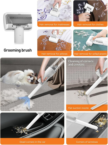 Itutn cat and dog vacuum brush being used to gently groom a golden retriever undercoat