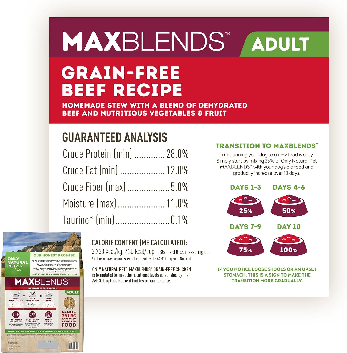 Only Natural Pet dehydrated dog food bag showing ingredient highlights