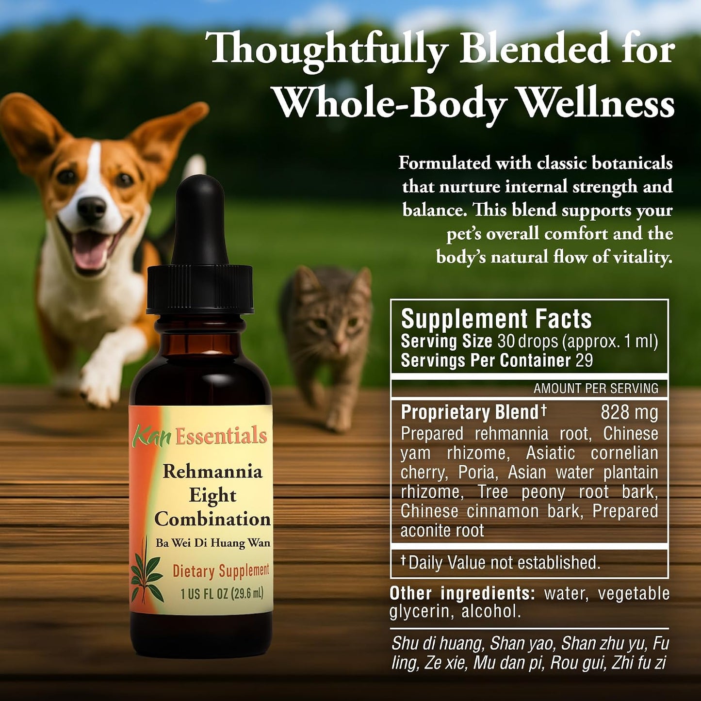 Kan Herbs Rehmannia Eight liquid formula ingredients list showing prepared rehmannia root