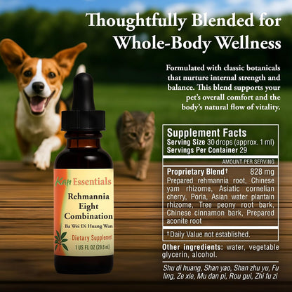 Kan Herbs Rehmannia Eight liquid formula ingredients list showing prepared rehmannia root