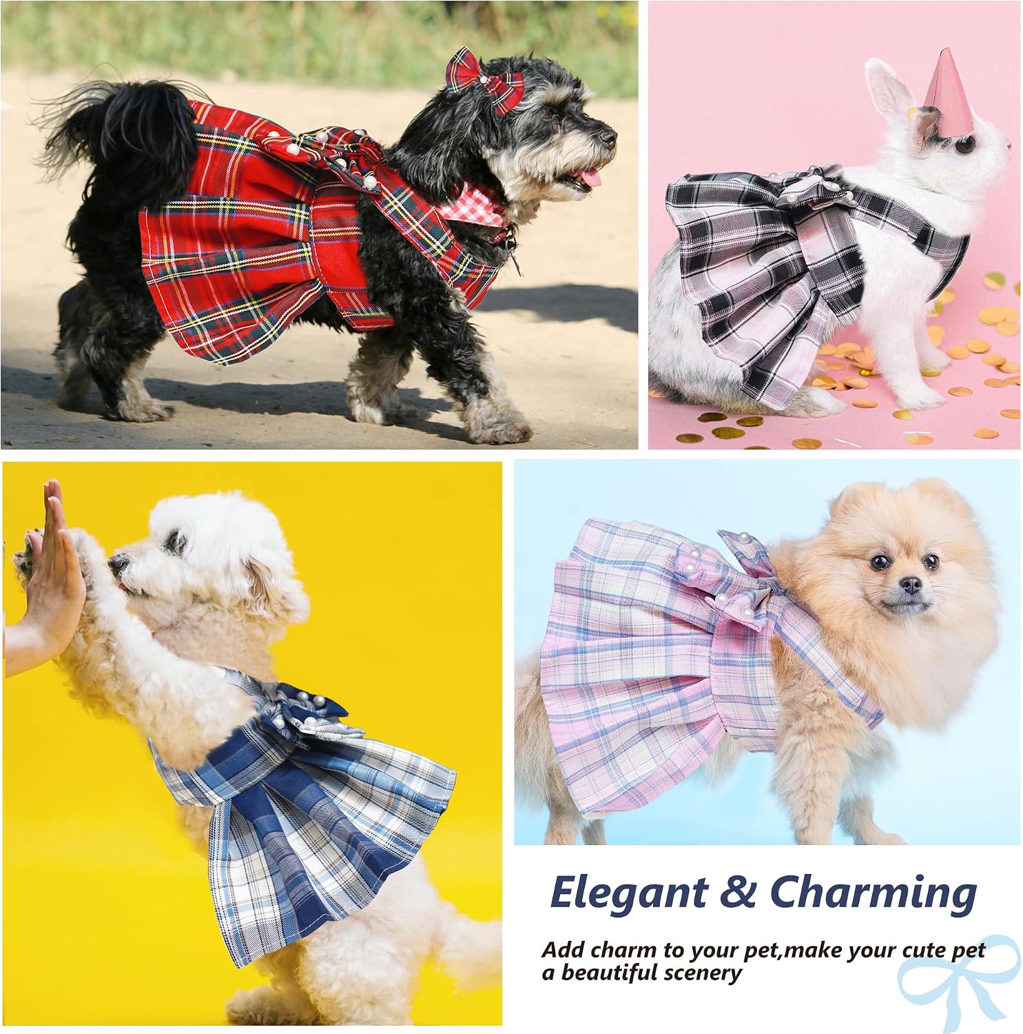 Matching black plaid nylon leash included with the luxury puppy harness costume
