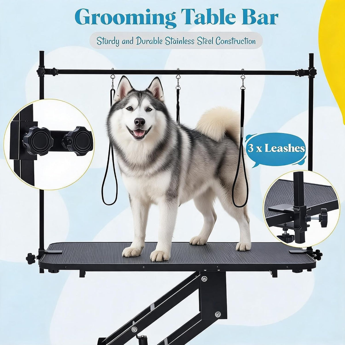 Heavy duty hydraulic Z lift mechanism on black dog grooming station