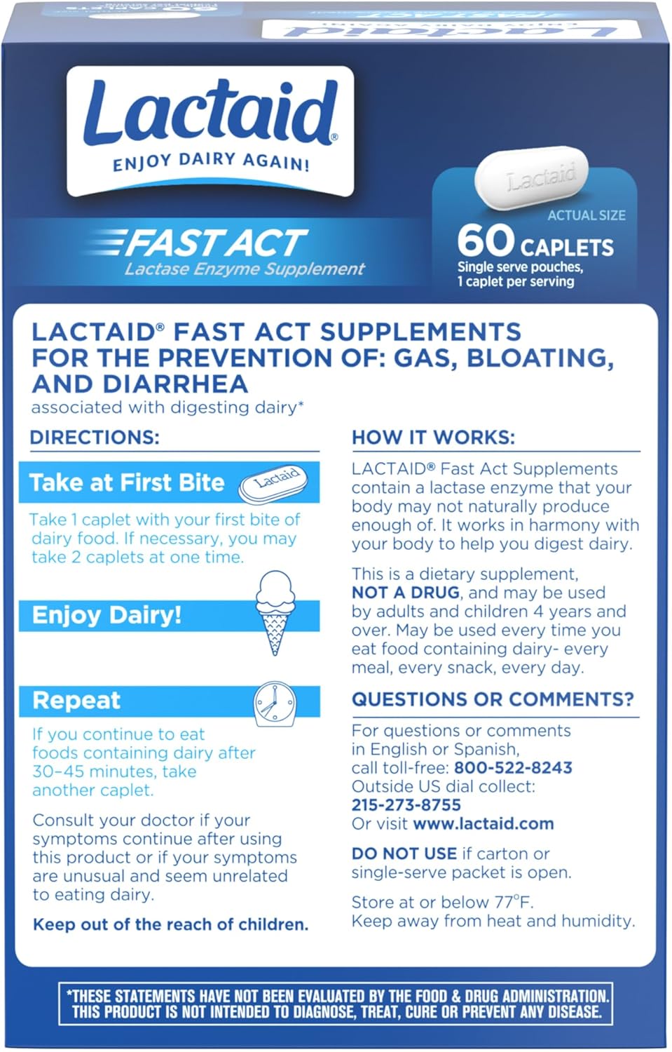 Lactaid Fast Act Lactose Intolerance Relief Caplets, Lactase Enzyme to Prevent Gas, Bloating and Diarrhea Due to Lactose Sensitivity, Single-Serve Supplements for Travel and On-The-Go, 60 Count - Image 6