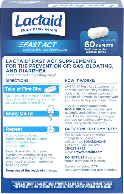 Lactaid Fast Act Lactose Intolerance Relief Caplets, Lactase Enzyme to Prevent Gas, Bloating and Diarrhea Due to Lactose Sensitivity, Single-Serve Supplements for Travel and On-The-Go, 60 Count - Image 6