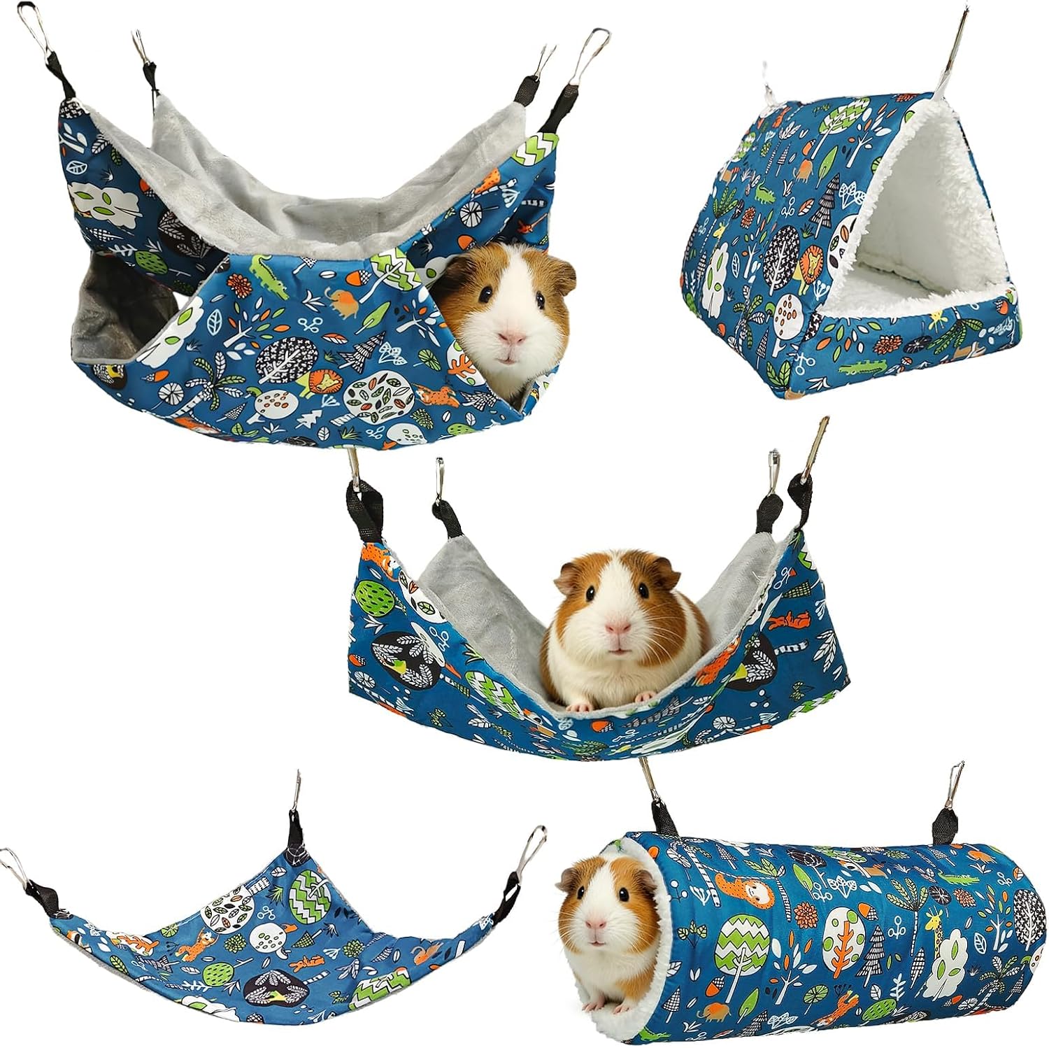 Kathson guinea pig hammock set front view showing five blue patterned hanging cage accessories
