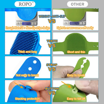 ROPO pet shampoo brush showcasing the adjustable ring handle for a secure non-slip grip.