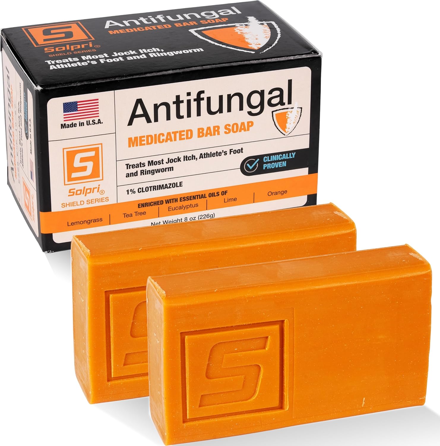Solpri Shield one percent clotrimazole antifungal soap bar front packaging view for athlete's foot relief