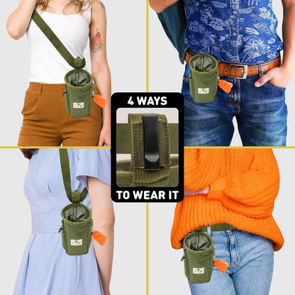 Inspector Tail training pouch being worn as a crossbody bag demonstrating comfortable hands free use outdoors