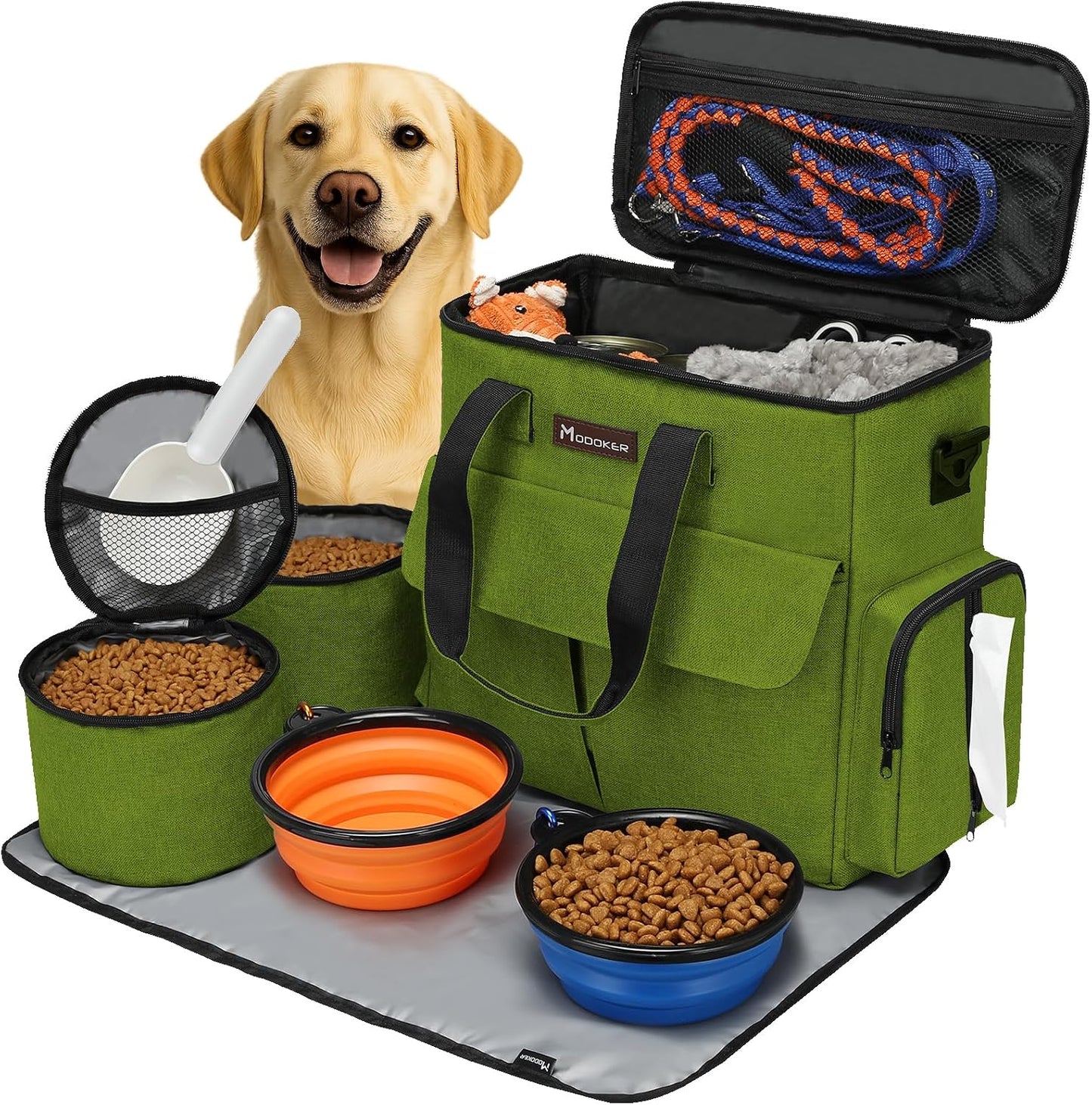 Dog Travel Bag by Modoker - Dog Travel Kit for a Weekend Away Set Includes Pet Travel Bag Organizer for Accessories, 2 Collapsible Bowls, 2 Travel Food Container (Black) - Image 12