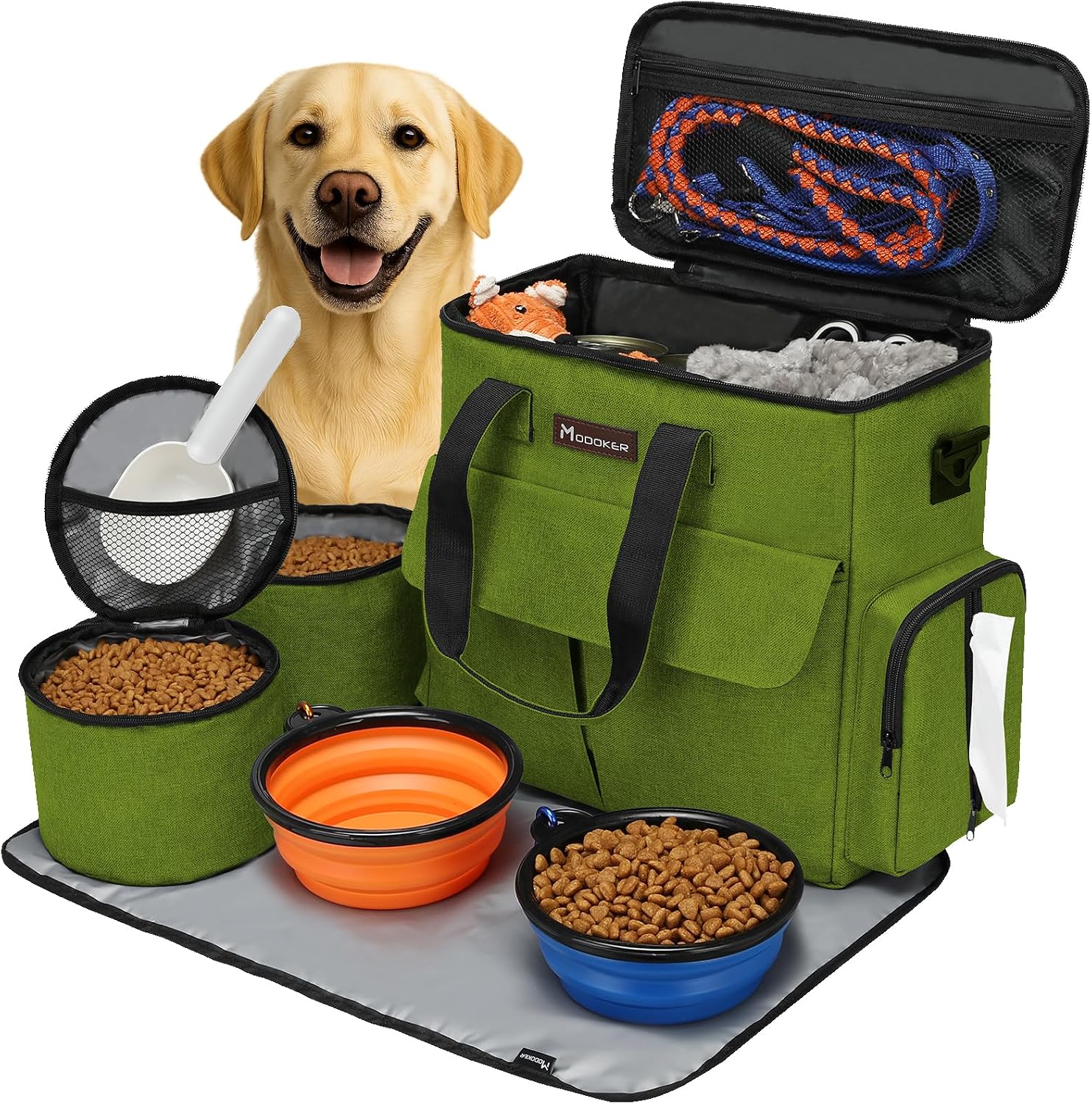 Dog Travel Bag by Modoker - Dog Travel Kit for a Weekend Away Set Includes Pet Travel Bag Organizer for Accessories, 2 Collapsible Bowls, 2 Travel Food Container (Black) - Image 12