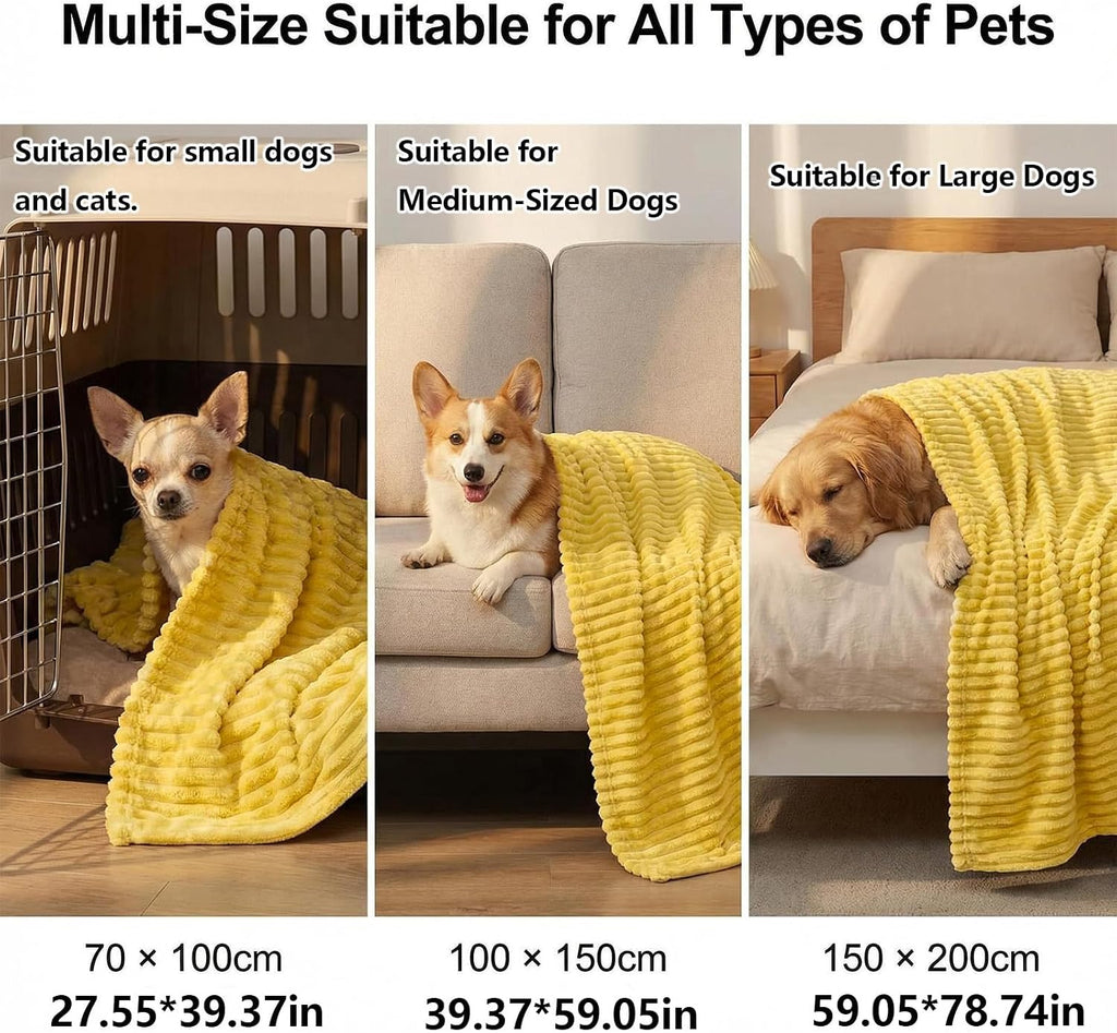 Faux rabbit fur pet mat spread out on a living room couch showing its 70 by 100 centimeter dimensions.