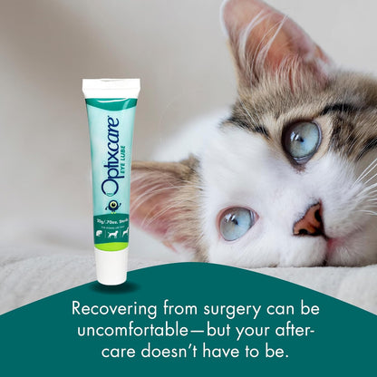 Optixcare pet eye lubricant dual polymer formula packaging view.