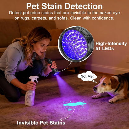 Vansky 51 LED ultraviolet blacklight illuminating dried carpet stains