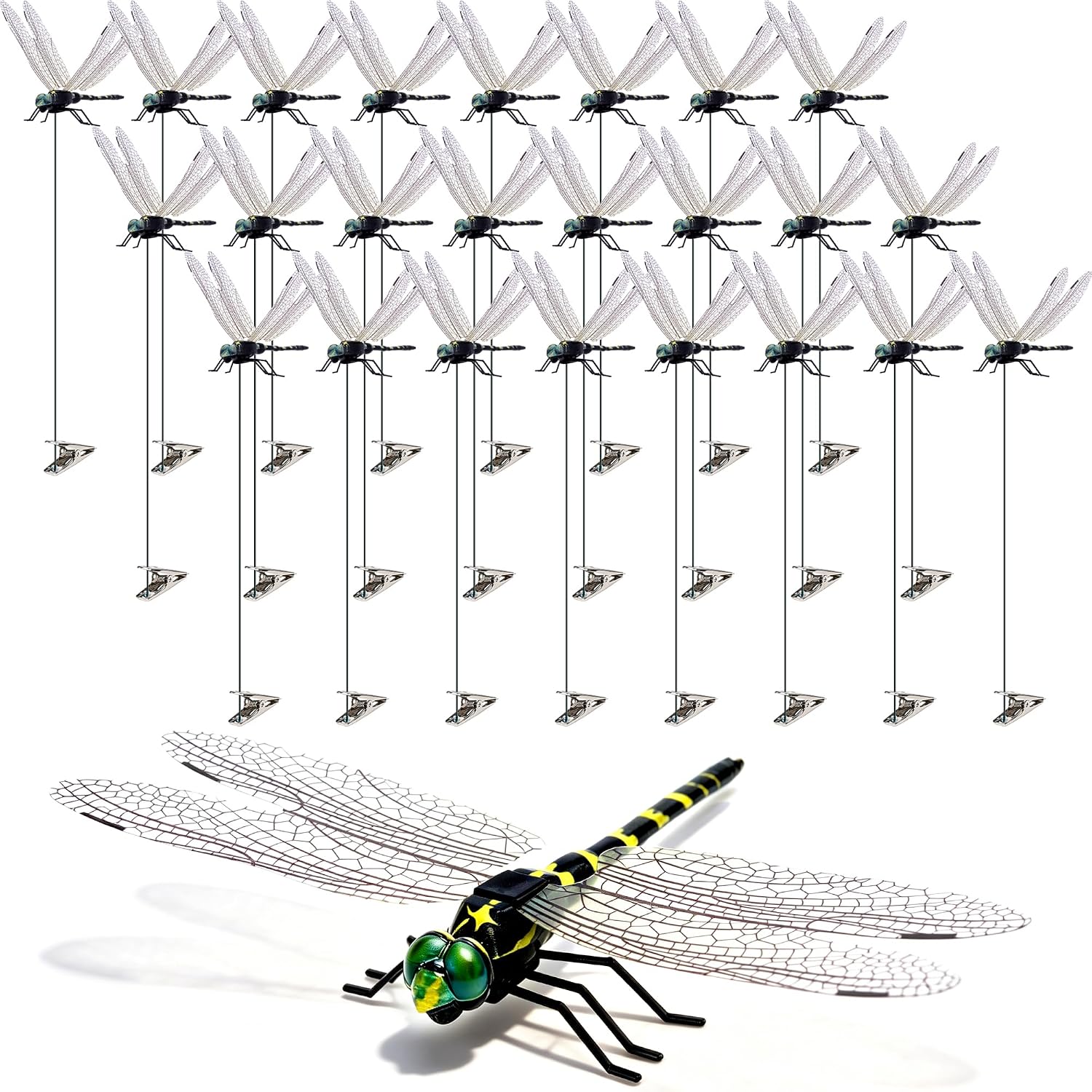 12 Pack Dragonfly Clips, Fake Dragonflies with Stakes, Realistic Plastic Dragonfly Garden Decorations, Fly Deterrent Clips for Hats, Pets, Horses, Deer, Yard, Patio, Indoor & Outdoor Decor - Image 12