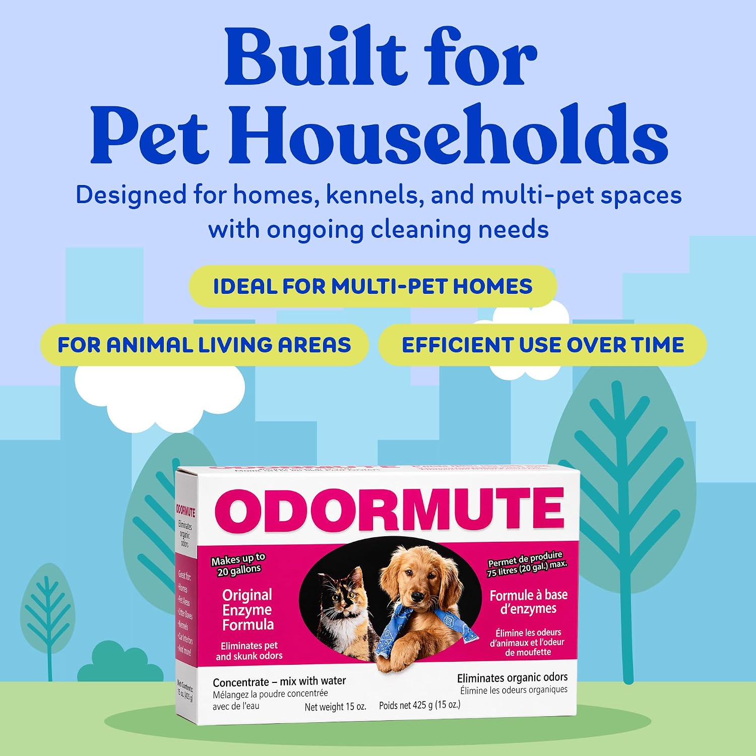 Premium pet stain and odor neutralizer powder safe for carpets upholstery and animal kennels.
