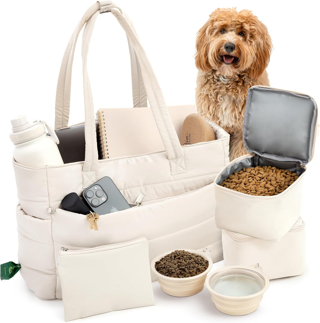 Rubyloo Puffer Dog Travel Bag beige front view stylish quilted pet tote