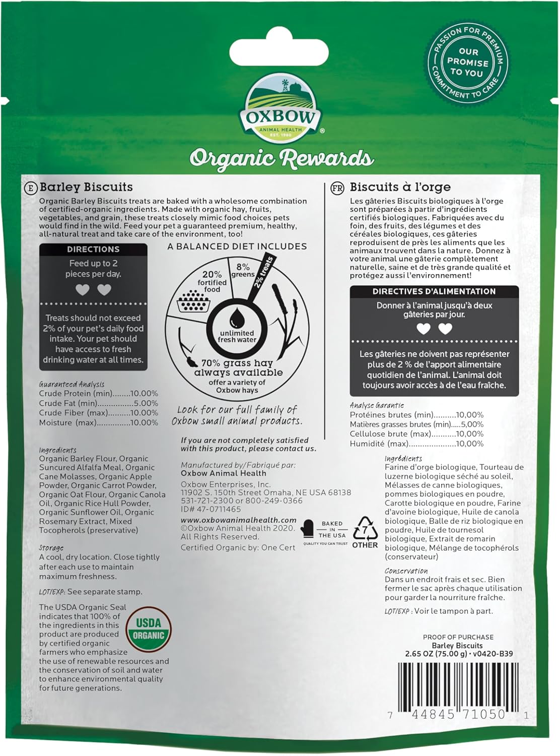 Oxbow Bene Terra small pet treats bag showcasing the USDA organic certified seal