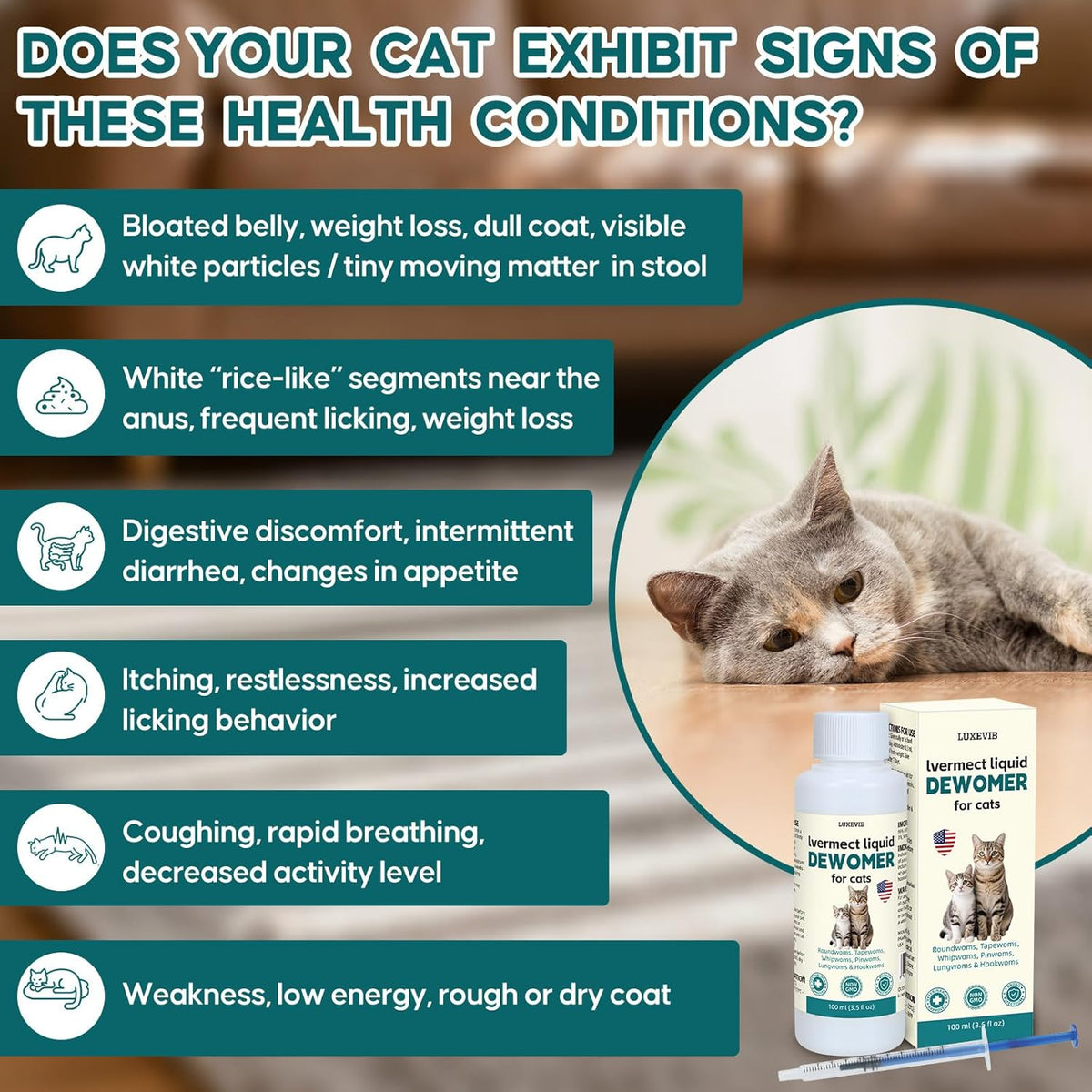 Back label of LuxeVib cat dewormer showing ivermectin content and instructions