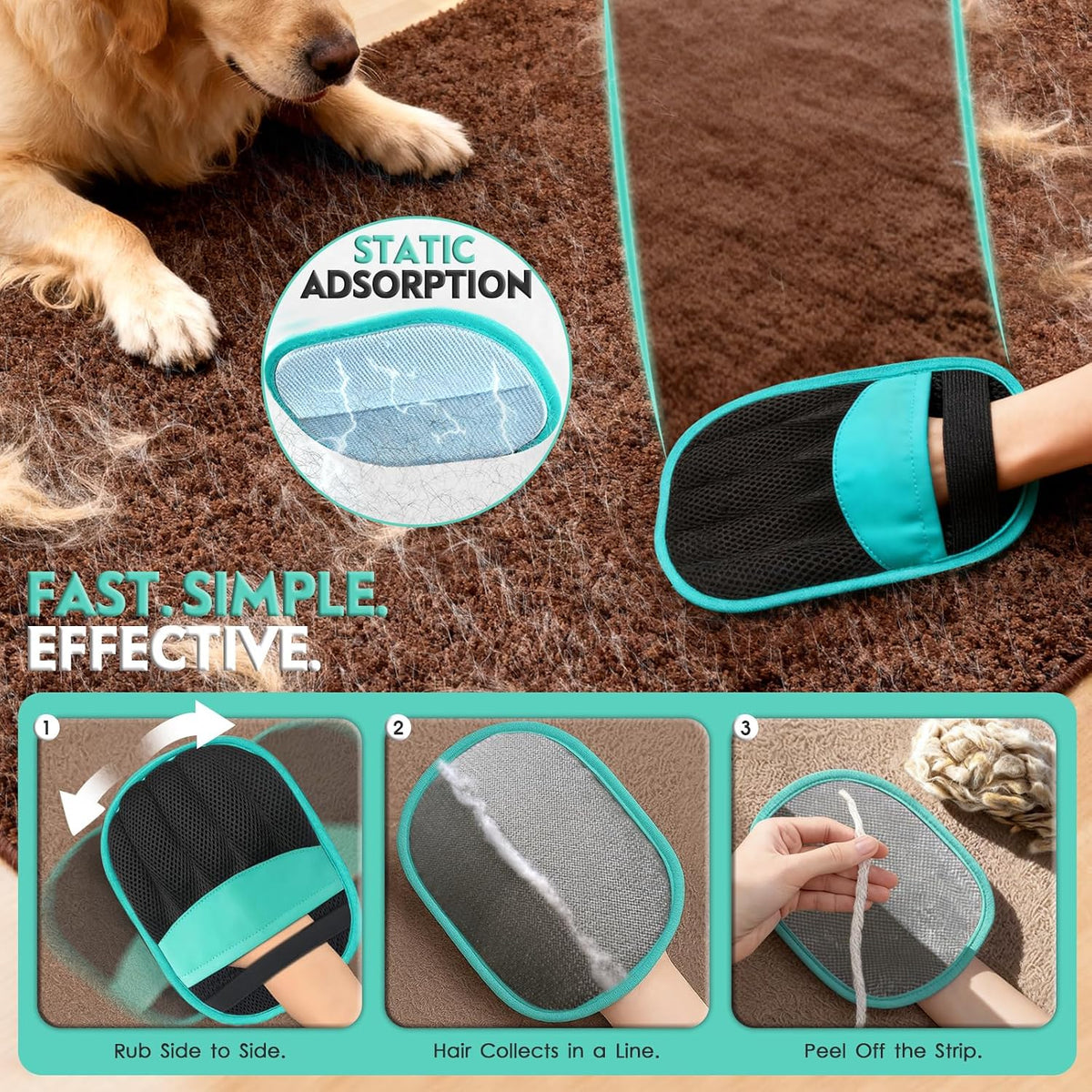 Five finger pet hair cleaner pad with elastic wrist strap detail