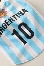 Small dog wearing Argentina theme soccer sportswear