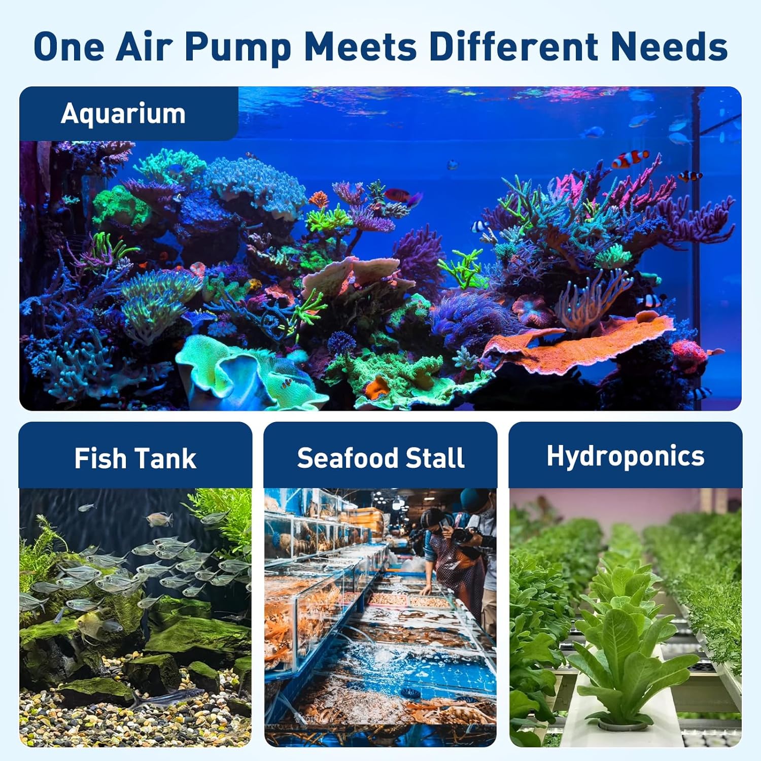 Hygger aquarium air pump packaging and contents overview.
