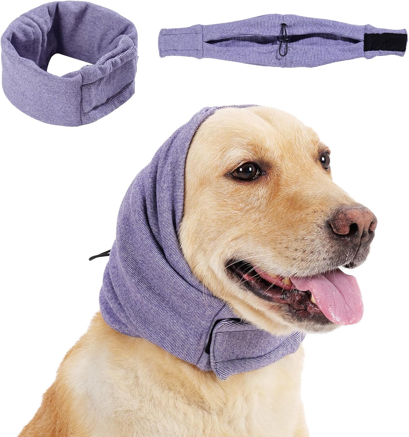 Dog hoodie for hair drying protecting sensitive ears at a salon.