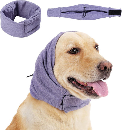 Dog hoodie for hair drying protecting sensitive ears at a salon.
