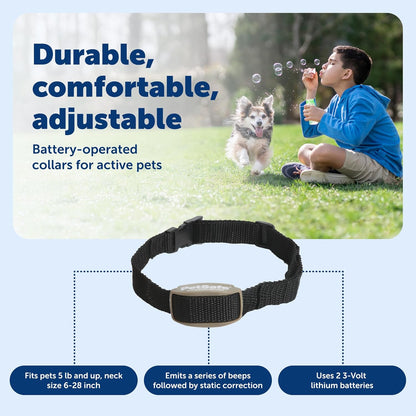 Waterproof receiver unit on a black nylon strap for indoor pet containment.